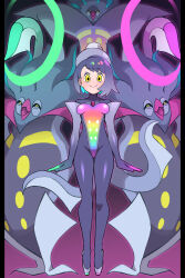  blue_hair blush bodysuit eyeshadow female_only femsub gloria_(pokemon) gloves happy_trance hat high_heels kitassie leotard malamar mega_malamar multicolored_hair multiple_doms nintendo pokemon pokemon_(creature) pokemon_sword_and_shield purple_hair smile standing_at_attention tentacles yellow_eyes 