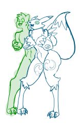 absurdres aura bandai_namco breast_fondling breasts character_request digimon eye_color_change femsub ghost glowing_eyes green_eyes green_sclera happy_trance large_breasts maledom monochrome original possession renamon renamuncher simple_background standing tail white_background