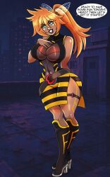 absurdres alternate_color_scheme alternate_costume bee_girl body_markings boots breasts clothed dark_skin dialogue english_text eye_color_change female_only femdom femsub hair_color_change happy_trance high_heels itsuka_kendo kuin_hachisuka large_breasts long_hair looking_at_viewer my_hero_academia navel night orange_hair outdoors ponytail possession speech_bubble standing text thick_thighs thighs wings zorro-zero