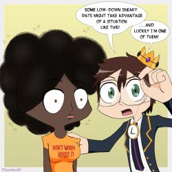  afro black_hair border breasts brown_eyes brown_hair clothed crown dark_skin dialogue empty_eyes expressionless femsub goggles green_eyes hope_(hypnolordx) humor hypno_lord_(hypnolordx) hypnolordx looking_at_viewer maledom meme open_mouth original pendulum pocket_watch shrunken_irises signature simple_background sparkle speech_bubble text 