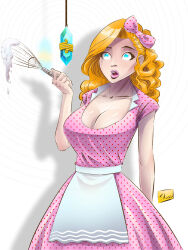 absurdres apron blonde_hair blue_eyes bow breasts cleavage crystal dazed dress empty_eyes female_only femsub housewife large_breasts long_hair open_mouth original pendulum shono