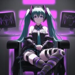 ai_art alternate_costume arm_warmers blue_eyes blue_hair boots chair corruption crossed_eyes crossed_legs cyan_hair dead_source expressionless femsub garter high_heels looking_at_viewer miku_hatsune monitor navel opera_gloves sitting skirt small_breasts tech_control tie twintails very_long_hair vocaloid