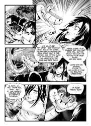  bagheera black_hair comic dialogue disney hair_covering_one_eye kaa kaa_eyes long_hair monochrome nilanandita original panther shy sleeping snake speech_bubble sweater text the_jungle_book 