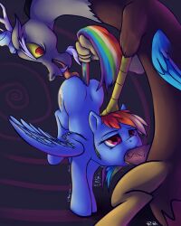 absurdres animals_only discord drool empty_eyes fangs fellatio femsub horns horse horse_girl maledom multicolored_hair my_little_pony pegasus penis ponypron rainbow_dash rainbow_hair short_hair spiral text tongue tongue_out wings