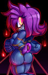 amy_rose arms_behind_back bondage boom_boo corruption female_only femsub flame furry happy_trance possession pstash purple_hair red_eyes restrained sharp_teeth shibari simple_background smile sonic_the_hedgehog_(series)
