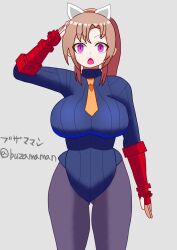 brown_hair buzamaman capcom character_request empty_eyes expressionless female_only femsub fingerless_gloves gloves grey_background huge_breasts leotard open_mouth pantyhose pink_eyes ponytail saluting shadaloo_dolls simple_background solo standing standing_at_attention street_fighter thick_thighs thigh_gap tie wide_hips