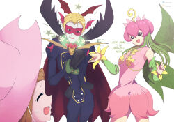 ahoge arm_warmers black_sclera brown_eyes brown_hair cape closed_eyes cowgirl_position digimon digimon_adventure digimon_adventure_02 dress elf_ears emblem fangs femdom flower gloves gojulas hat hypnovember legs lillymon long_hair malesub mask mimi_tachikawa myotismon pink_hair plant_girl purification short_hair simple_background smile suit sweat text vampire vines white_background white_eyes wings