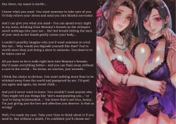  aerith_gainsborough aoin breasts caption caption_only cleavage dress dress_lift earrings femdom final_fantasy final_fantasy_vii jewelry large_breasts looking_at_viewer manip mommy multiple_doms overlordmiles_(manipper) pov pov_sub symmetrical_docking text tifa_lockhart 