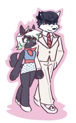 absurdres black_hair black_skin blush business_suit dress femboy furry green_eyes happy_trance heart_eyes holding_hands husky_boy kaijublue male_only maledom malesub miniskirt red_eyes simple_background smile sparkle standing stepfordization suit symbol_in_eyes white_hair wolf_boy
