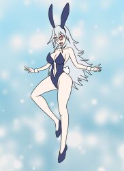  bare_legs bunny_ears bunny_girl bunnysuit cleavage collarbone cuffs fake_animal_ears fake_tail female_only femsub high_heels long_hair mythkaz open_mouth orange_eyes posing red_eyes silent_magician simple_background smile solo very_long_hair white_hair yu-gi-oh! 