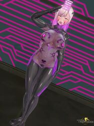 3d alternate_color_scheme alternate_costume alternate_hair_color barcode before_and_after blush body_markings bodysuit breasts breath collar control_indicator crotch_tattoo custom_maid_3d_2 dfish303 drool eye_roll femsub gloves large_breasts latex long_hair navel navel_piercing open_mouth opera_gloves original pasties piercing pink_eyes progress_indicator rubber saluting see-through standing standing_at_attention text thighhighs tight_clothing tongue tongue_out