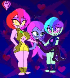  angel angel_boy angel_girl beverly_chalkydri_(hypnoscream) blue_eyes blue_skin carrying cleavage_cutout eyebrows_visible_through_hair eyelashes eyeshadow fangs femsub glasses green_skin hand_on_hip happy_trance heart hypnoscream kalei_chalkydri_(hypnoscream) large_breasts leotard long_hair maledom multicolored_hair multiple_girls multiple_subs original pink_skin purple_eyes short_hair simple_background spiral_eyes standing underboob valerie_chalkydri_(hypnoscream) watermark wide_hips yellow_eyes 