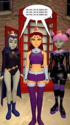 3d cape dc_comics dialogue female_only femsub hypnolordx jinx long_hair mantra multiple_girls multiple_subs open_mouth phoney_booth pink_hair purple_hair raven red_hair short_hair skirt source_filmmaker speech_bubble spiral_eyes spiralwash_eyes starfire super_hero symbol_in_eyes tech_control underdog_(series)