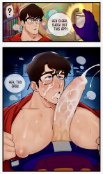  black_hair blue_eyes clark_kent cum cum_in_mouth cum_on_face dazed dc_comics glasses large_penis male_only maledom malesub muscle_boy my_adventures_with_superman paizuri penis scruffley superman_(series) tagme text 