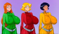  alex black_hair blonde_hair blue_eyes bodysuit breasts brown_eyes clover empty_eyes erect_nipples_under_clothes expressionless female_only femsub green_eyes heart huge_breasts long_hair microchip multiple_girls multiple_subs orange_hair sam shinzu short_hair standing standing_at_attention totally_spies 