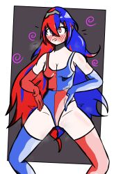 alear_(fire_emblem) alternate_costume bare_shoulders blue_eyes blue_hair blush breasts cleavage female_only femsub fire_emblem fire_emblem_engage gloves haigure heterochromia illumina leotard multicolored_hair nintendo open_mouth opera_gloves red_eyes red_hair simple_background spiral symbol thighhighs very_long_hair