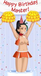 absurdres armpits arms_above_head bare_legs birthday black_hair bluebullpen breasts cheerleader choker collarbone empty_eyes femsub freckles happy_trance hat hypnotic_accessory long_hair navel necklace nemona_(pokemon) nintendo nipples no_bra no_panties orange_eyes pokemon pokemon_scarlet_and_violet ponytail posing pussy small_breasts smile tan_skin tech_control text yellow_eyes