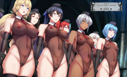 aoyuki_(mugen_gacha) black_hair blonde_hair blue_eyes blue_hair breasts crotch_tattoo daiaru dark_skin ellie_(mugen_gacha) english_text erect_nipples_under_clothes femsub gloves iceheat_(mugen_gacha) large_breasts leotard mei_(mugen_gacha) mera_(mugen_gacha) mugen_gacha multicolored_hair multiple_subs nazuna_(mugen_gacha) nemumu_(mugen_gacha) nipples open_mouth pubic_hair red_hair see-through short_hair small_breasts standing standing_at_attention suzu_(mugen_gacha) tattoo thighs white_hair yellow_eyes