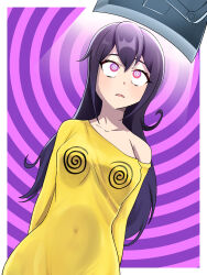 blush border collarbone female_only femsub glatu hypno-tan hypnotic_screen long_hair monitor multicolored_eyes navel open_mouth original pink purple_eyes purple_hair ring_background ring_eyes shirt solo wide_hips