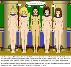 blonde_hair dark_magician_girl dialogue femsub harem_outfit ishizu_ishtar large_breasts long_hair mai_valentine multiple_girls multiple_subs nabs001 nipples nude serenity_wheeler spiral_eyes swimsuit tea_gardner text yu-gi-oh!