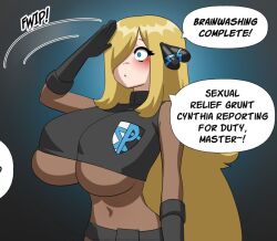  4headboiii breast_press comic corruption cynthia empty_eyes enemy_conversion instant_loss large_breasts nintendo pokemon saluting sexually_suggestive team_plasma team_plasma_grunt text underboob 