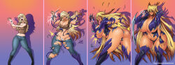 absurdres alternate_costume before_and_after blonde_hair breast_expansion breasts comic corruption darkereve female_only huge_breasts large_breasts open_mouth original thighhighs transformation witchblade_(series)