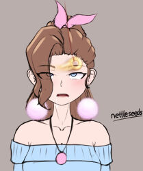  bare_shoulders blue_eyes brown_hair clothed coin collarbone dazed drool earbuds eye_roll female_only femsub grey_background hair_covering_one_eye hair_ribbon long_hair necklace nettleseeds open_mouth original pendulum ponytail ring_eyes shirt signature simple_background solo tank_top 