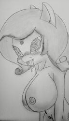 absurdres artist_request blush bottomless breasts drool female_only femsub furry greyscale happy_trance horse_girl large_breasts long_hair my_little_pony nude open_mouth original smile spiral_eyes symbol_in_eyes tongue tongue_out topless