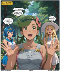  ai_art blonde_hair blue_eyes blue_hair dark_skin devianbar dialogue green_eyes green_hair lana_(pokemon) lillie_(pokemon) long_hair mallow_(pokemon) nintendo pokemon short_hair text 