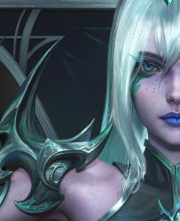 alternate_costume blue_lipstick body_markings breasts coast_leather control_indicator crossover crown expressionless eye_color_change facial_markings femsub green_eyes green_hair hair_color_change large_breasts league_of_legends lipstick makeup multicolored_hair nier_automata possession ruination square_enix very_long_hair viego_(league_of_legends) white_hair yorha_type_a_no._2