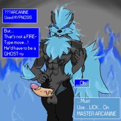 abs arcanine blue_hair bottomless dog_boy erection furry glowing glowing_eyes gradient_text long_hair looking_at_viewer nintendo nude oldmangunda open_clothes penis pokemon pov pov_sub sketch smile text topless traditional undressing