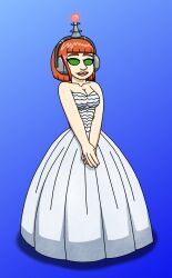 angie_(supertechno324) antenna blue_background breasts dress female_only fembot femsub gradient_background happy_trance headphones hypnotic_accessory large_breasts original robotization short_hair smile solo spiral_eyes supertechno324 symbol_in_eyes tech_control wedding_dress