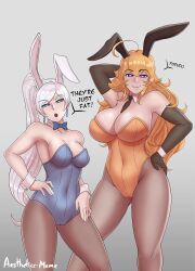 absurdres aestheticc-meme ahoge blonde_hair bow_tie breasts bunny_ears bunnysuit cleavage cuffs earrings fake_animal_ears female_only femsub gloves hand_on_hip huge_breasts icontrol_(manipper) jewelry large_breasts long_hair looking_at_viewer manip multiple_girls multiple_subs open_mouth opera_gloves pantyhose ponytail pov pov_dom rwby simple_background smile spiral_eyes symbol_in_eyes text tie weiss_schnee white_hair yang_xiao_long