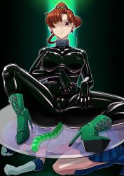  alternate_costume bangs bodysuit boots bow_tie breasts brown_hair collar corruption double_dildo erect_nipples expressionless femsub gloves high_heels kneeling large_breasts latex looking_at_viewer ponytail radeon red_eyes sailor_jupiter sailor_mercury sailor_moon_(series) sitting thick_thighs thighs tight_clothing 