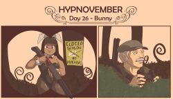 black_hair bow_tie bunny_ears bunnysuit cuffs dark_skin femsub gun happy_trance hat humor hypnovember leggings long_hair looking_at_viewer mary_mavys_(pstash) mustache original pstash purple_eyes smile surprised white_hair yellow_background