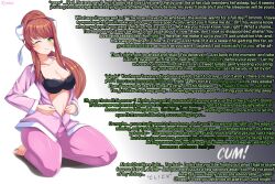  bra brain_drain breasts brown_hair caption caption_only cumming_out_brain doki_doki_literature_club female_only femdom gradient_background gradient_text green_eyes hair_ribbon hypnotic_breasts large_breasts long_hair looking_at_viewer manip masturbation_command miney_(manipper) monika orgasm_command pajamas ponytail pov pov_sub ribbon sitting sleep_command sleeping sleepy smile solo text thighs turning_the_tables 