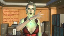 3d absurdres blonde_hair blue_eyes breasts dialogue dochaunt dress evil_smile femdom final_fantasy final_fantasy_vii glowing hypnotic_accessory large_breasts laughing necklace scarlet_(ff7) smile text