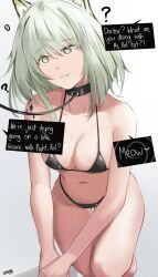  all_fours arknights bare_legs bikini breasts cat_ears collar collarbone confused dazed dialogue english_text eroborne eyebrows_visible_through_hair green_eyes green_hair kal&#039;tsit_(arknights) leash navel pet_play short_hair signature simple_background smile speech_bubble spiral spiral_eyes symbol_in_eyes tattoo text 