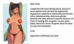 black_hair dc_comics english_text exhibitionism femsub happy_trance humor large_breasts large_hips lois_lane manip my_adventures_with_superman satelyte short_hair smile smirk standing superman superman_(series) text zupern0va_(manipper)