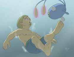  androgynous androgynous_dom barefoot blonde_hair brynhexx chinchou feet glowing glowing_eyes male_only malesub nintendo open_mouth pokemon pokemon_(creature) short_hair swimsuit topless underwater 
