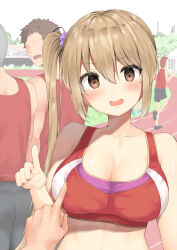  altered_common_sense b-ginga bangs bare_shoulders blonde_hair blush breasts brown_eyes cleavage crop_top empty_eyes exercise femsub large_breasts long_hair midriff open_mouth original outdoors side_ponytail sports_bra sportswear unaware 