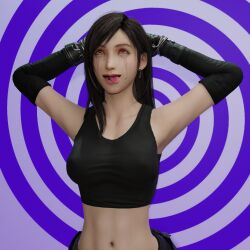  3d armpits arms_above_head black_hair corruption earrings empty_eyes erect_nipples erect_nipples_under_clothes esccc eye_roll female_only femsub final_fantasy final_fantasy_vii gloves happy_trance long_hair makeup midriff navel opera_gloves red_eyes solo spiral spiral_background tank_top tears tifa_lockhart tongue tongue_out 