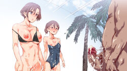  absurdres after_sex after_vaginal altered_common_sense ass bare_shoulders blush breasts brown_hair cleavage collarbone cum cum_in_pussy erect_nipples erection expressionless femsub hitomi_(indifference_pool) huge_breasts indifference_pool leotard maledom milf mother_and_daughter mutsuki_(indifference_pool) netorare nyuu_(manekin-eko) penis purple_eyes short_hair small_breasts standing thick_thighs trembling ugly_bastard 