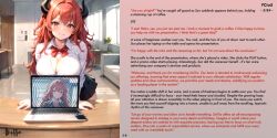 ai_art bow breasts caption caption_only cleavage demon demon_girl dittouh_(generator) femdom horns hypnotic_audio hypnotic_breasts hypnotic_screen laptop long_hair male_pov malesub office office_lady pov_sub red_hair shirt skirt story succubus text yellow_eyes