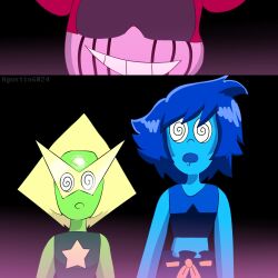 agustin6024 bare_shoulders blonde_hair blue_hair drool evil_smile expressionless female_only femdom femsub glasses lapis_lazuli looking_at_viewer open_mouth peridot pink_hair short_hair smile spinel_(steven_universe) spiral_eyes standing standing_at_attention steven_universe symbol_in_eyes