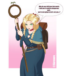 absurdres blonde_hair delicious_in_dungeon dialogue elf elf_ears female_only green_eyes kronobas28 marcille_donato open_mouth pink_background simple_background staff