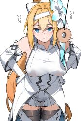  absurdres bent_over blonde_hair blue_eyes blush breasts cloak clothed coin confused don_quixote_(idle_huntress) empty_eyes flower flower_in_hair gloves hair_ornament hand_on_hip headband idle_huntress large_breasts navel opera_gloves pendulum ponytail pussy_juice shirt short_skirt simple_background skirt spiral_eyes standing symbol_in_eyes thighhighs tight_clothing transparent_background very_long_hair vierzeck 