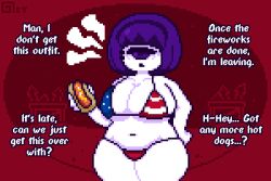 bare_shoulders bikini breasts cleavage copyright_request cyclops dialogue english_text flag_bikini food hair_ornament hand_on_hip headband huge_breasts micro_bikini midriff monster_girl navel octette_(octotron2000) octotron2000 original pixel_art pov_dom purple_eyes purple_hair short_hair text thick_thighs thighs weight_gain white_skin wide_hips