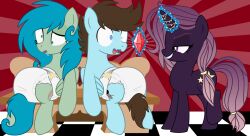 absurdres age_regression animals_only blue_hair brown_hair crystal dazed diaper drool empty_eyes evil_smile femdom femsub horns horse horse_girl magic malesub multiple_subs my_little_pony open_mouth original purple_eyes purple_hair smile wings