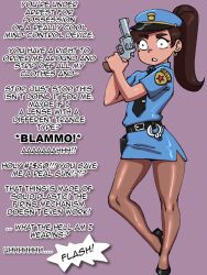  costume crossdressing darkeros dialogue earrings femboy girlinworld(manipper) gun handcuffs malesub manip marco_diaz pantyhose police_uniform ponytail princess_marco purple_background shiny_skin shoes shrunken_irises simple_background star_vs_the_forces_of_evil text tie tights 